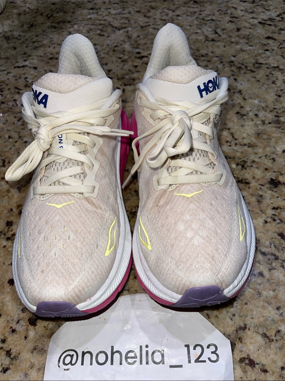 Hoka Clifton 9 Athletic Shoes in Cream with Pink and Purple Accents